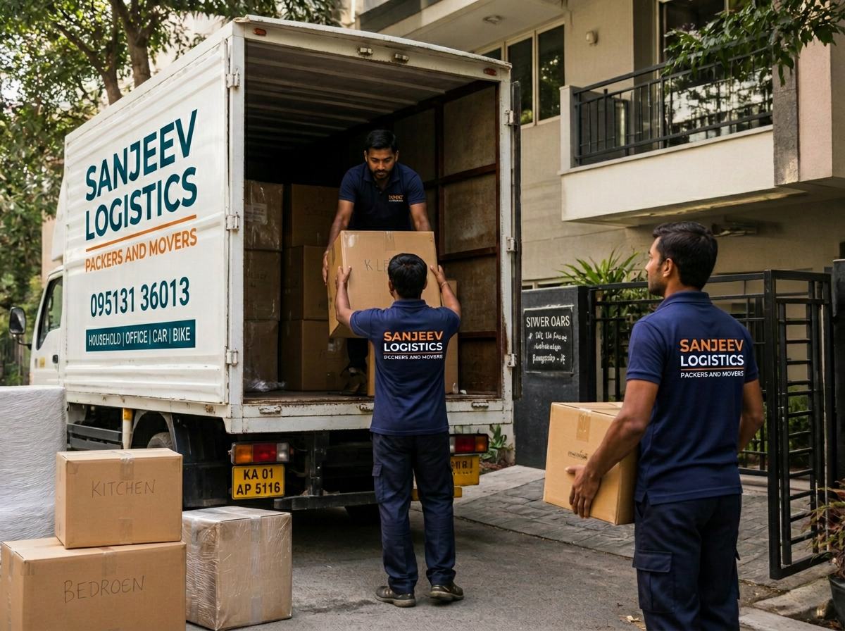 Sanjeev Logistics — Packers and Movers crew loading labelled cartons into a branded truck in Bengaluru