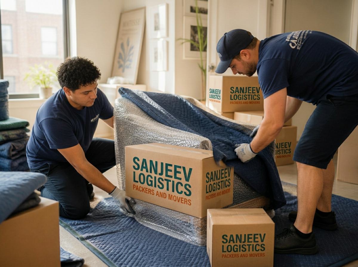 Sanjeev Logistics — Packers and Movers crew wrapping an armchair with branded cartons
